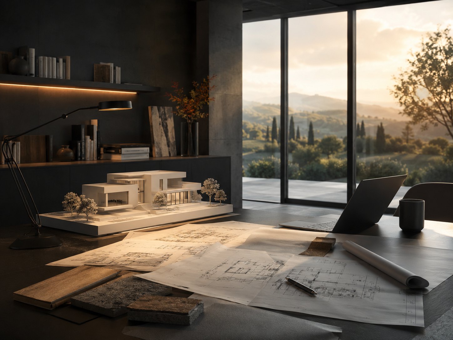 Atelier d’architecte avec plans et maquette de maison