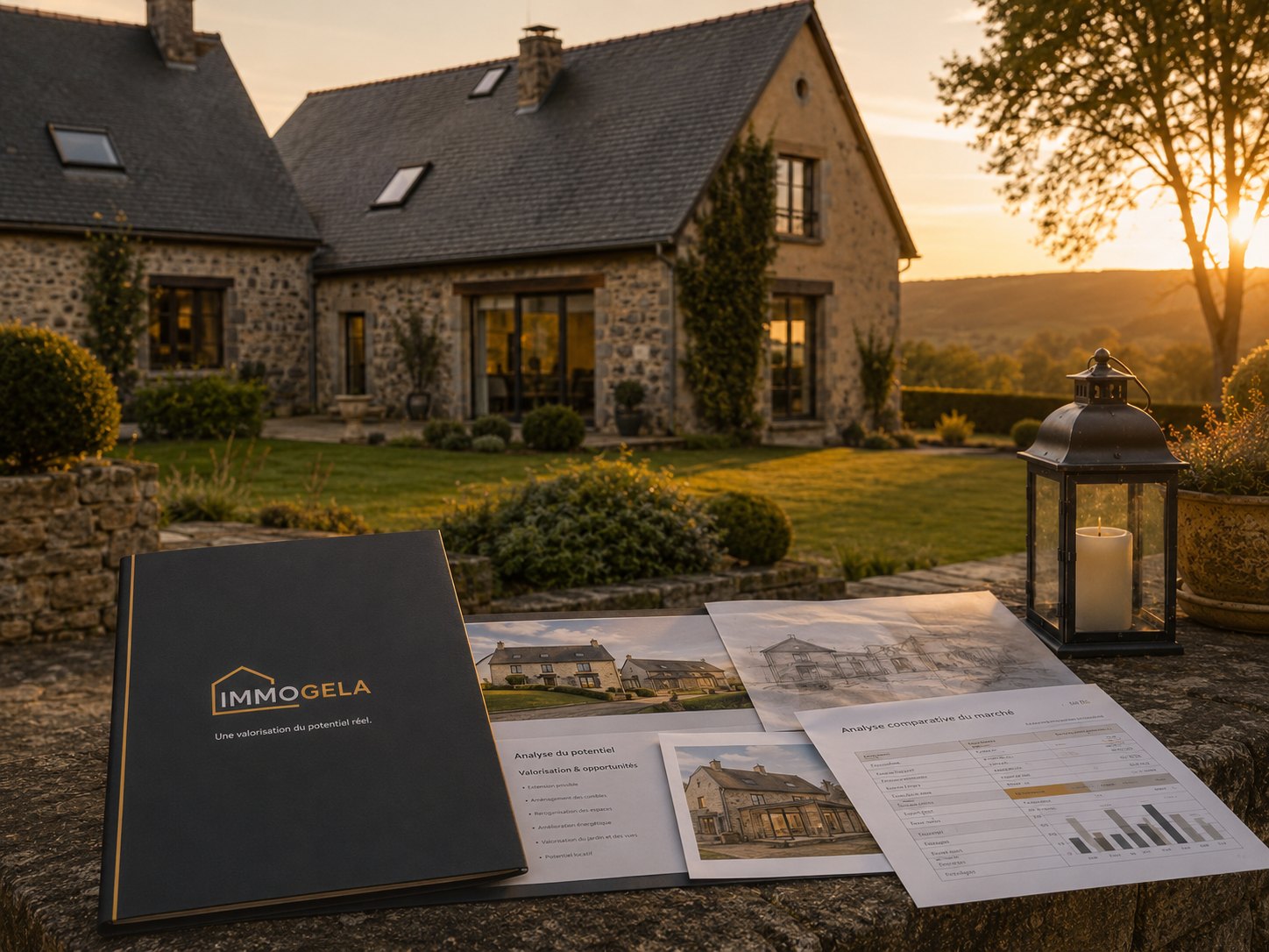 Dossier IMMOGELA d’analyse immobilière devant une maison en pierre
