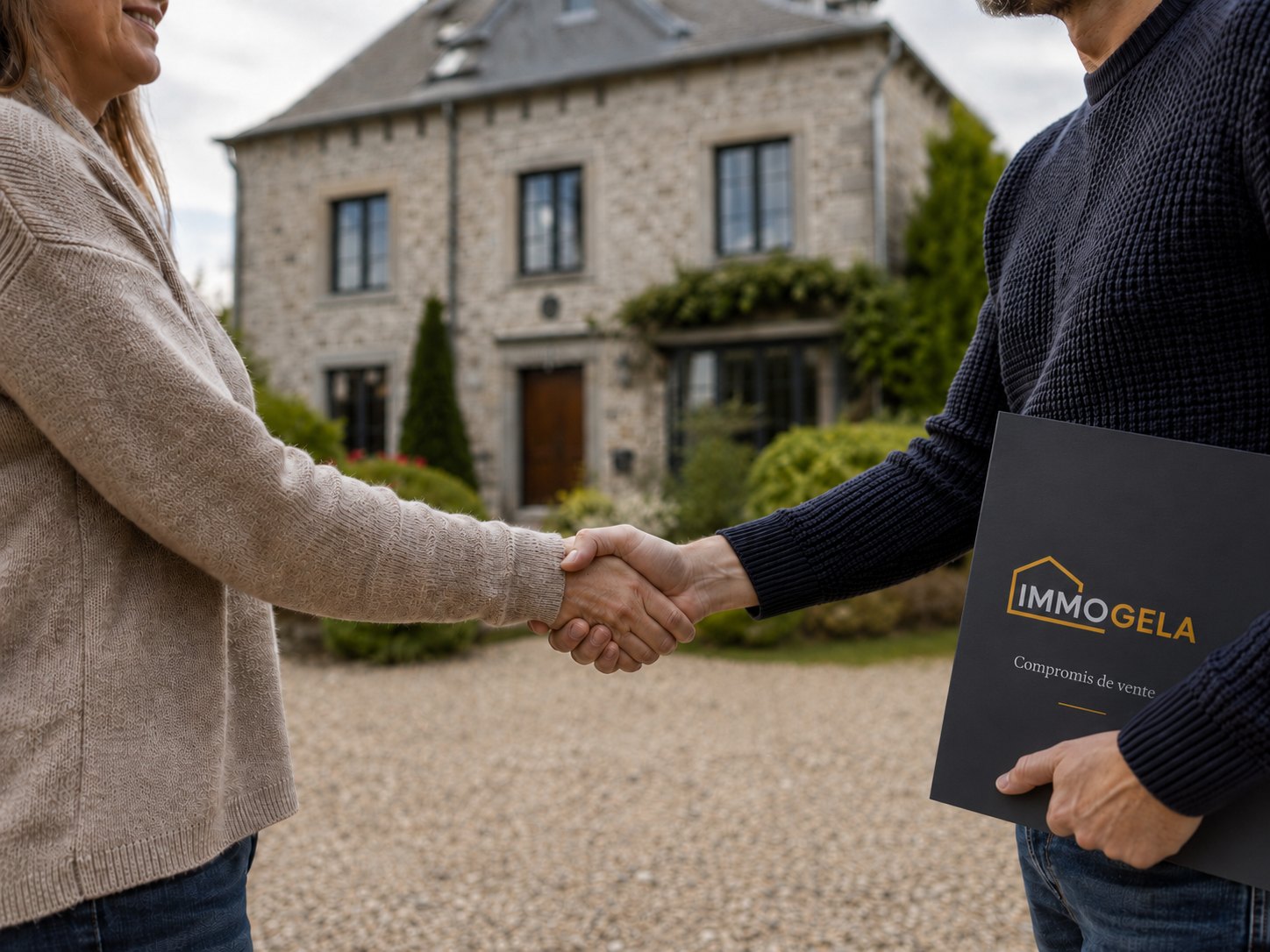 Accord immobilier matérialisé par une poignée de main devant une maison