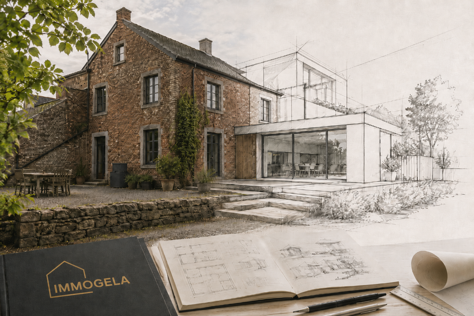 Maison ancienne avec projet d’extension dessiné en esquisse architecturale